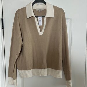 LOFT V-Neck Sweater in Tan and Cream